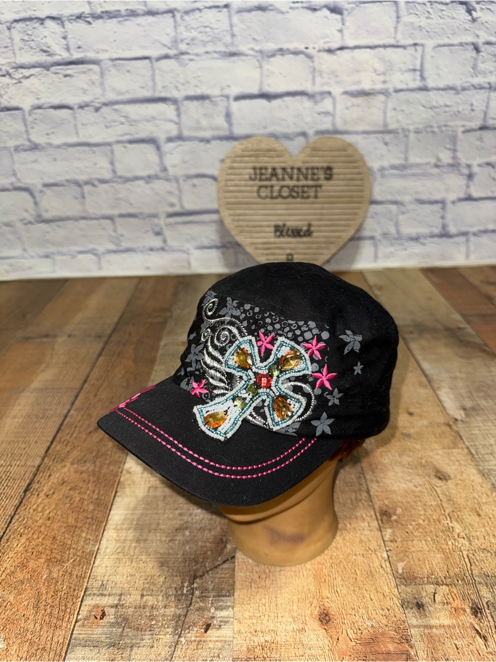 Leader loga military cadet style hat cap cross jeweled 
One size y2k